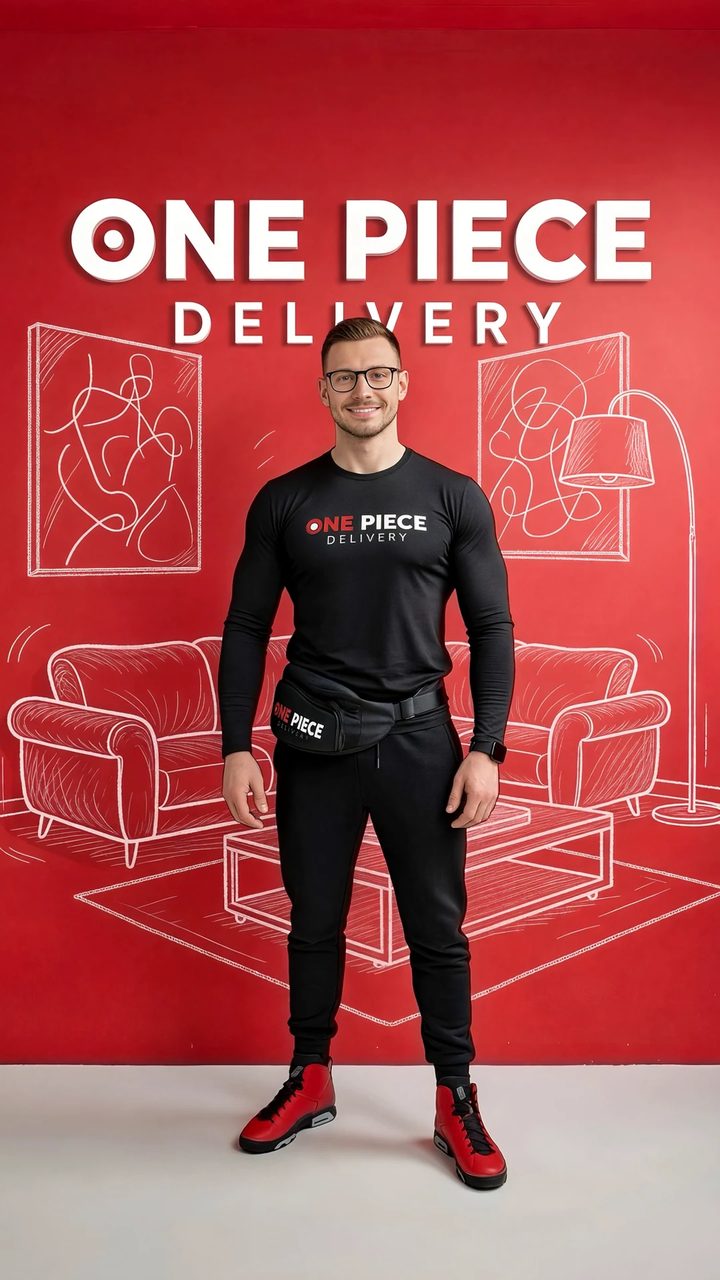Serge Khal, fundador de One Piece Delivery, con el uniforme negro de OPD frente a una pared roja con el logo de One Piece Delivery
