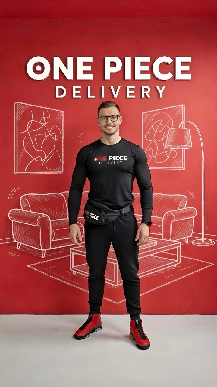 Sergey, founder of One Piece Delivery, in the black OPD uniform in front of a red wall with the One Piece Delivery logo
