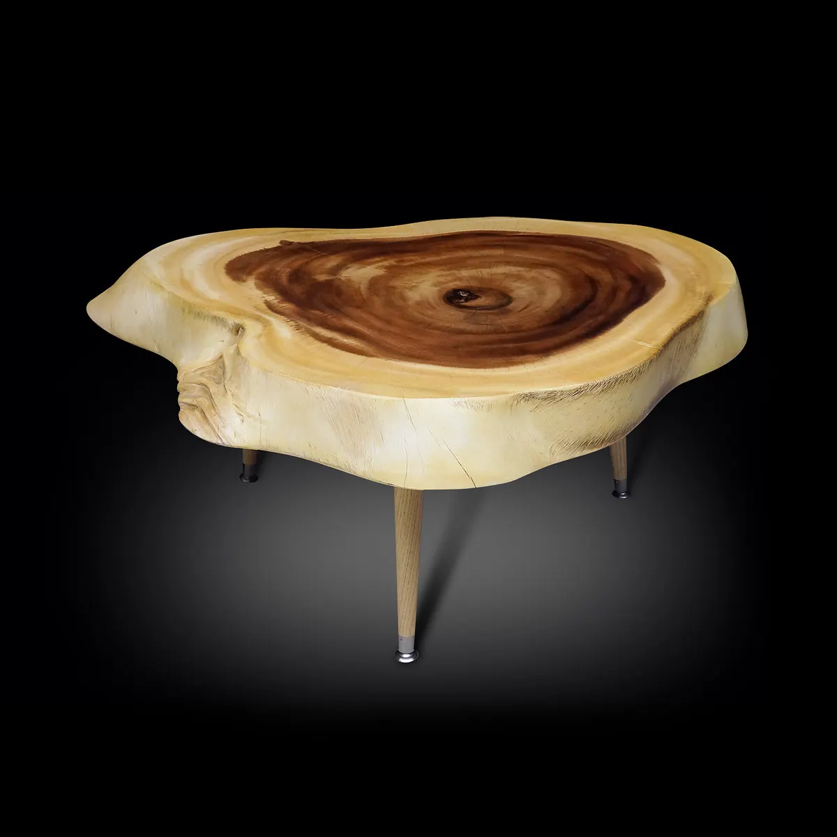 Mesa de café de madera de borde vivo con tapa de losa natural