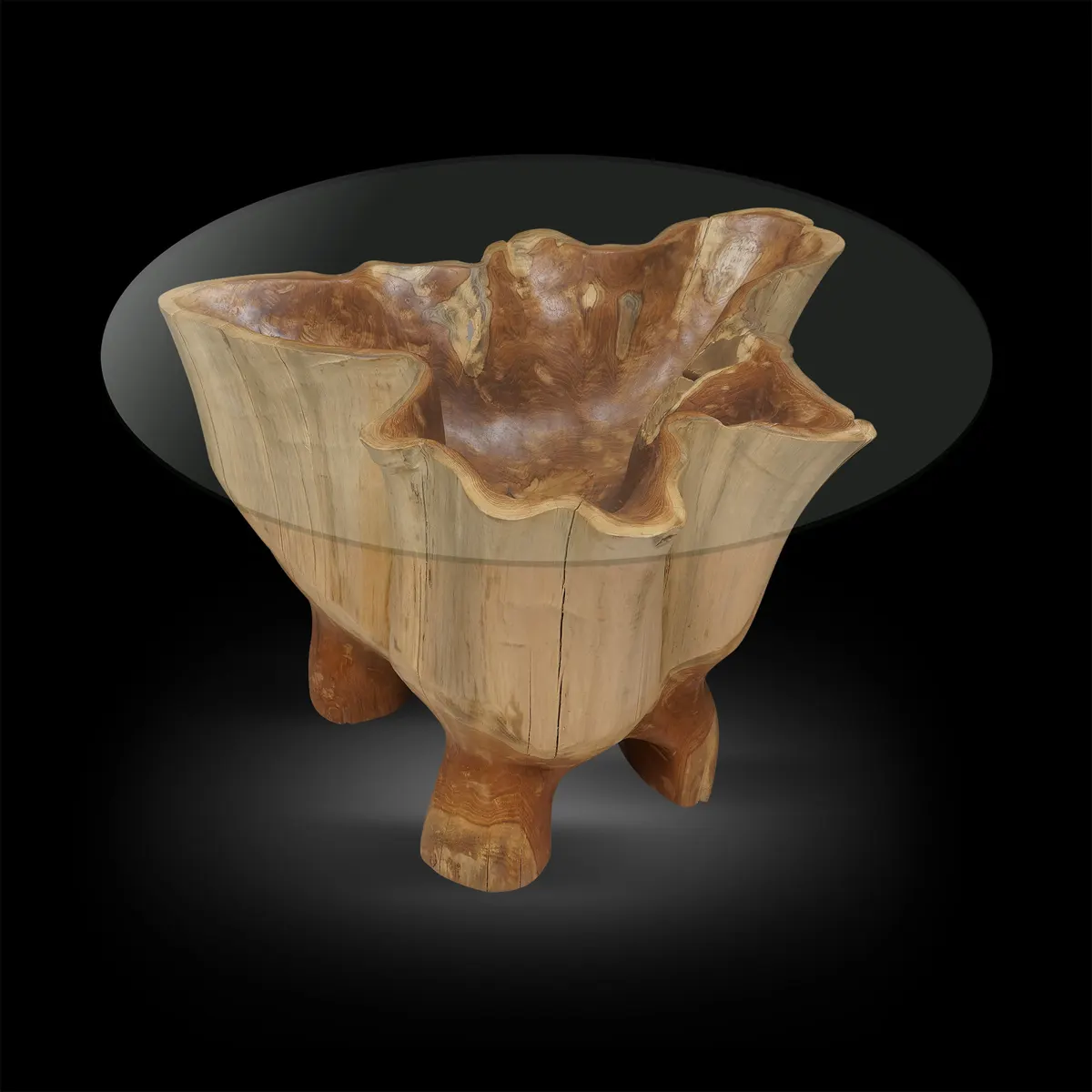 Mesa de café de cuenco de madera tallada con tapa de vidrio