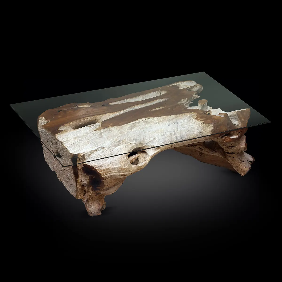 Mesa de café de raíz con tapa de vidrio