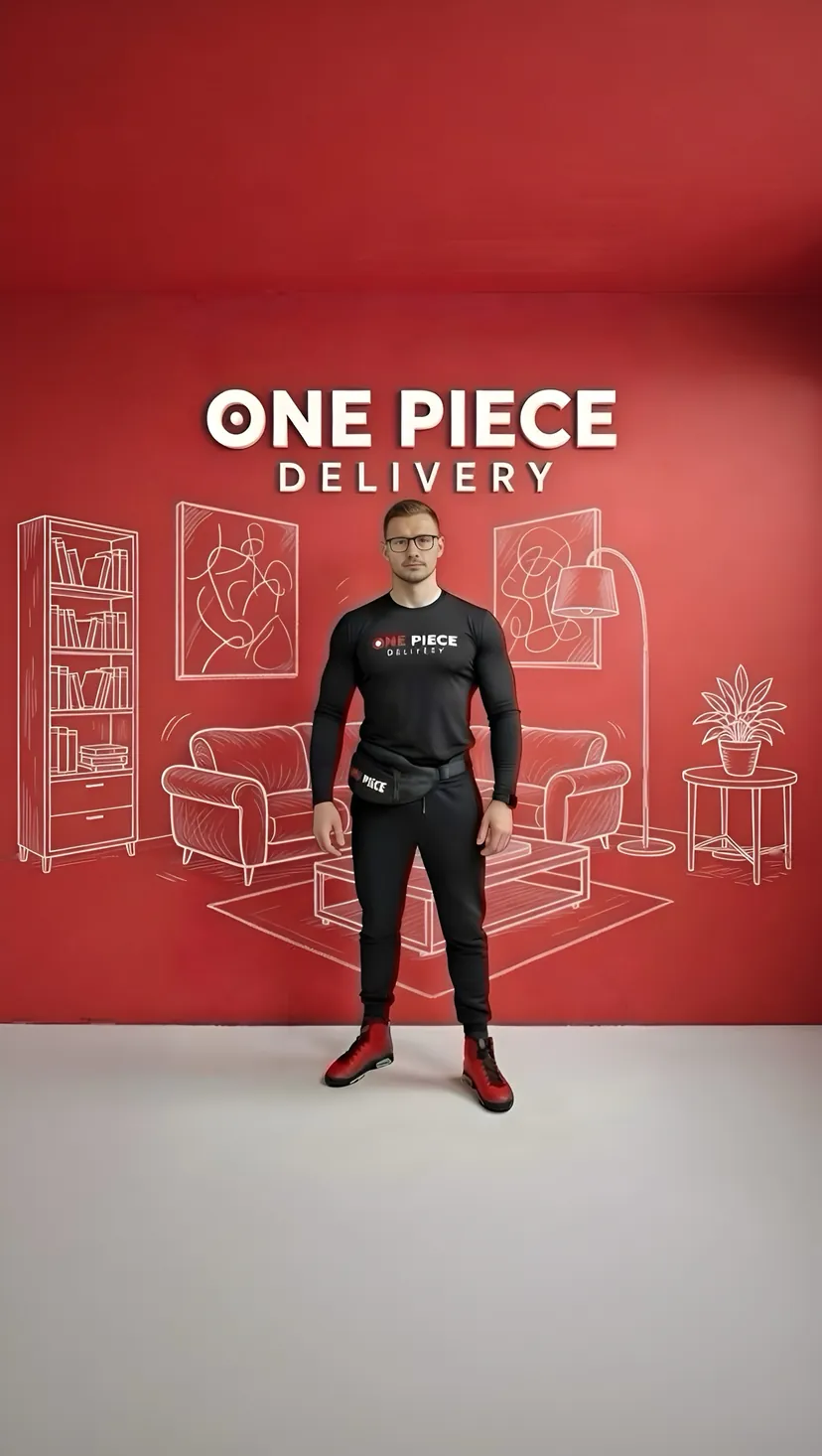 One Piece Delivery founder standing in a red studio room